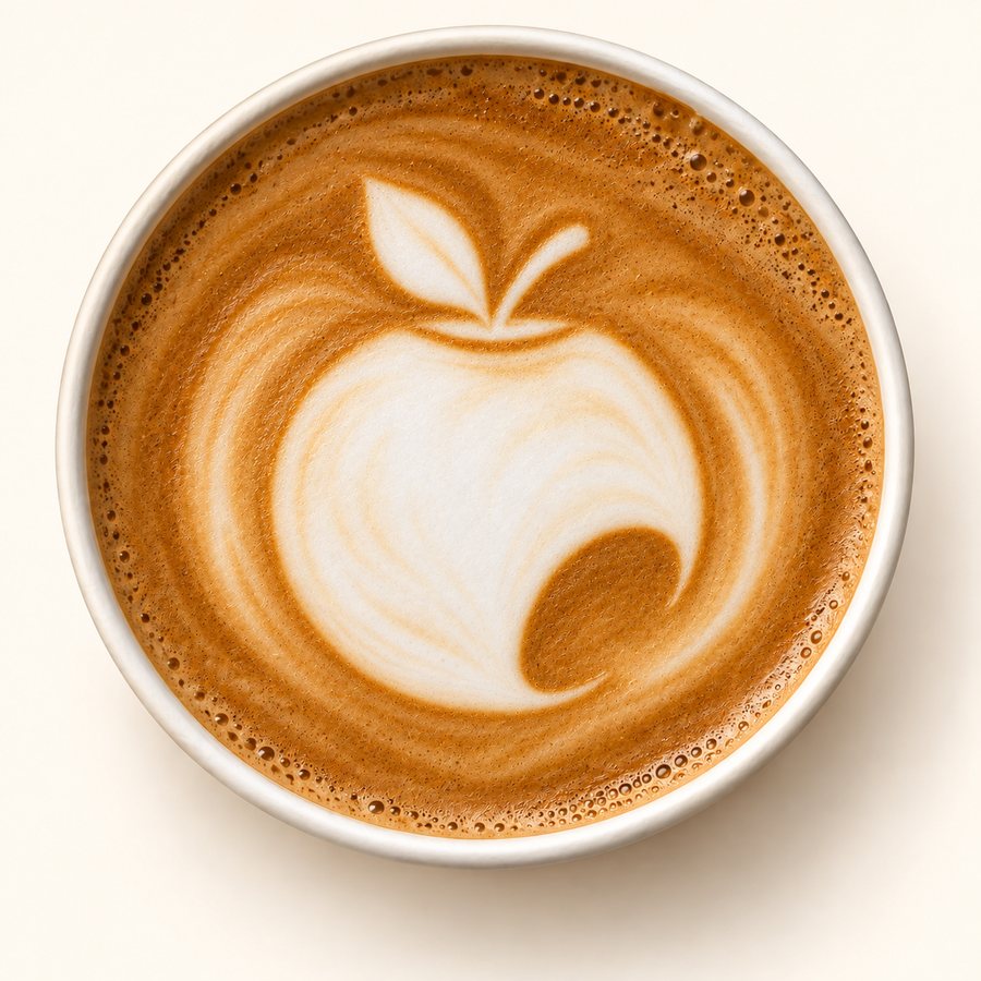 A latte with the Lucky Foodtown apple drawn in the milk foam, seen from above